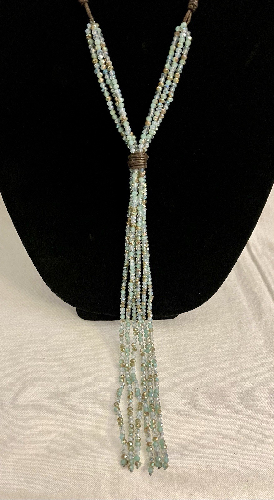 Signed Multi-Strand Jamie Rocks NYC Long Crystal Tassel Style Seafoam Necklace