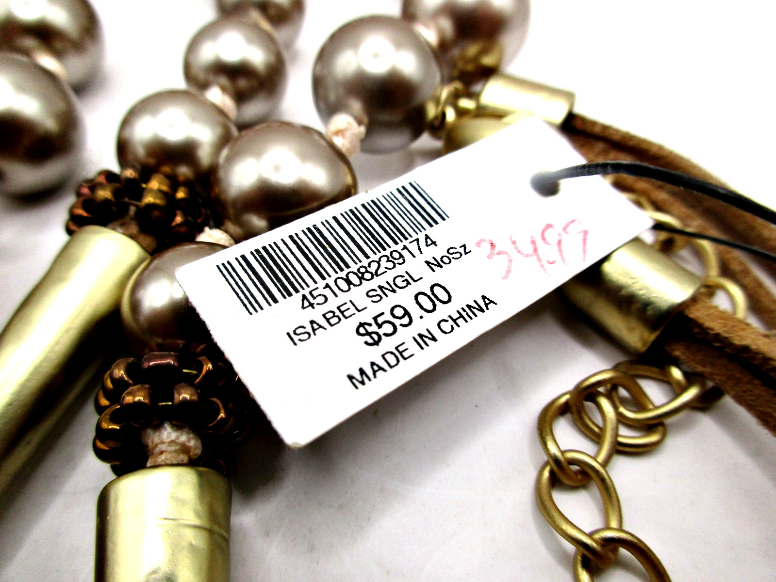 NWT$59 Chico’s Isabel 52″ Strand Deep Champagne Faux Pearls & Leather Necklace