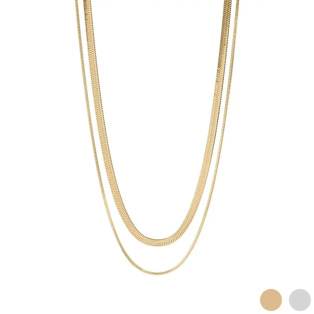 18K Gold Pvd Stainless Steel Herringbone and Snake Layered Chain Necklace