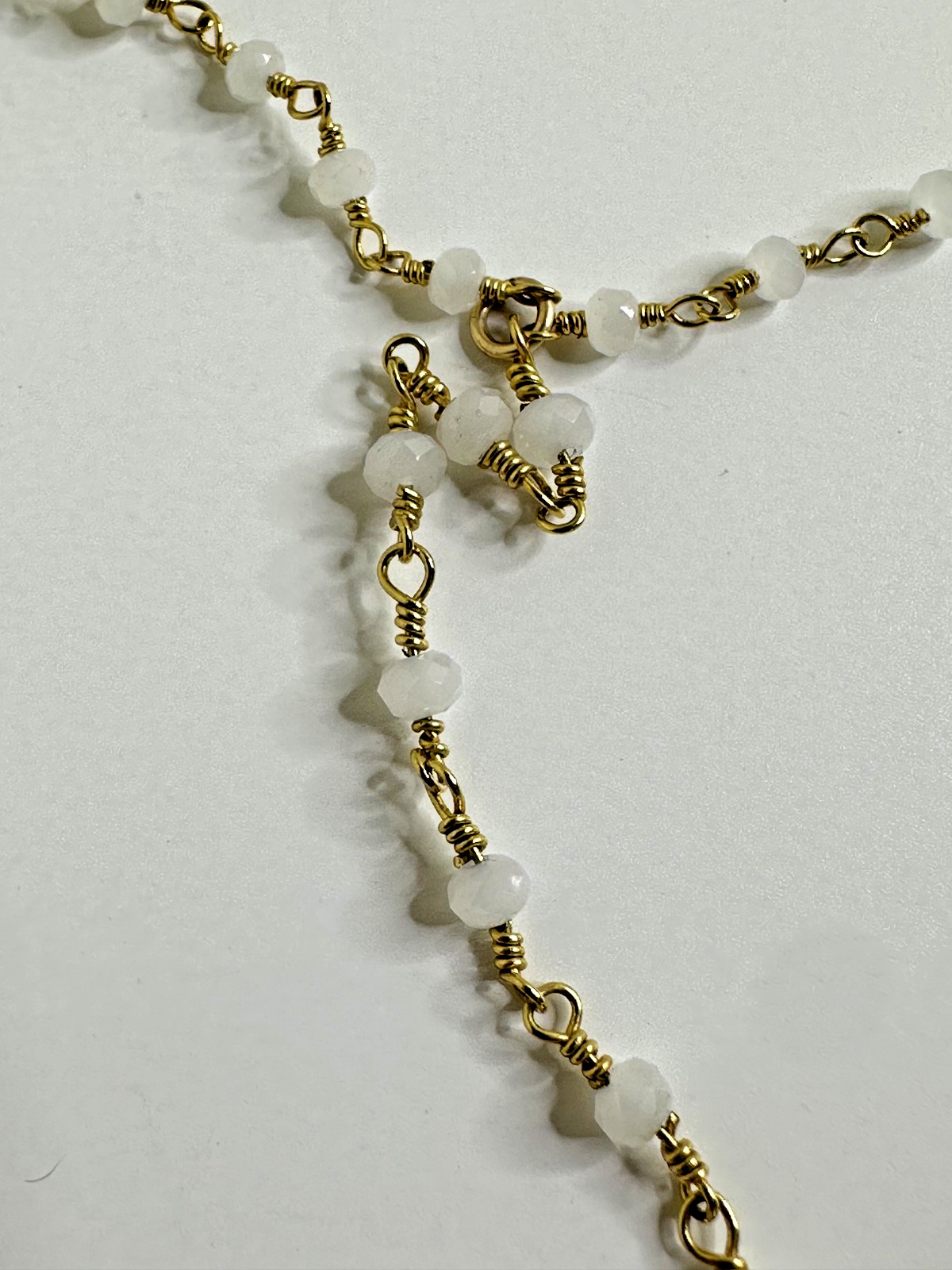 1/20 14k Gold Filled Necklace Dainty Moon Charm White Beads Y Lariat Dangle