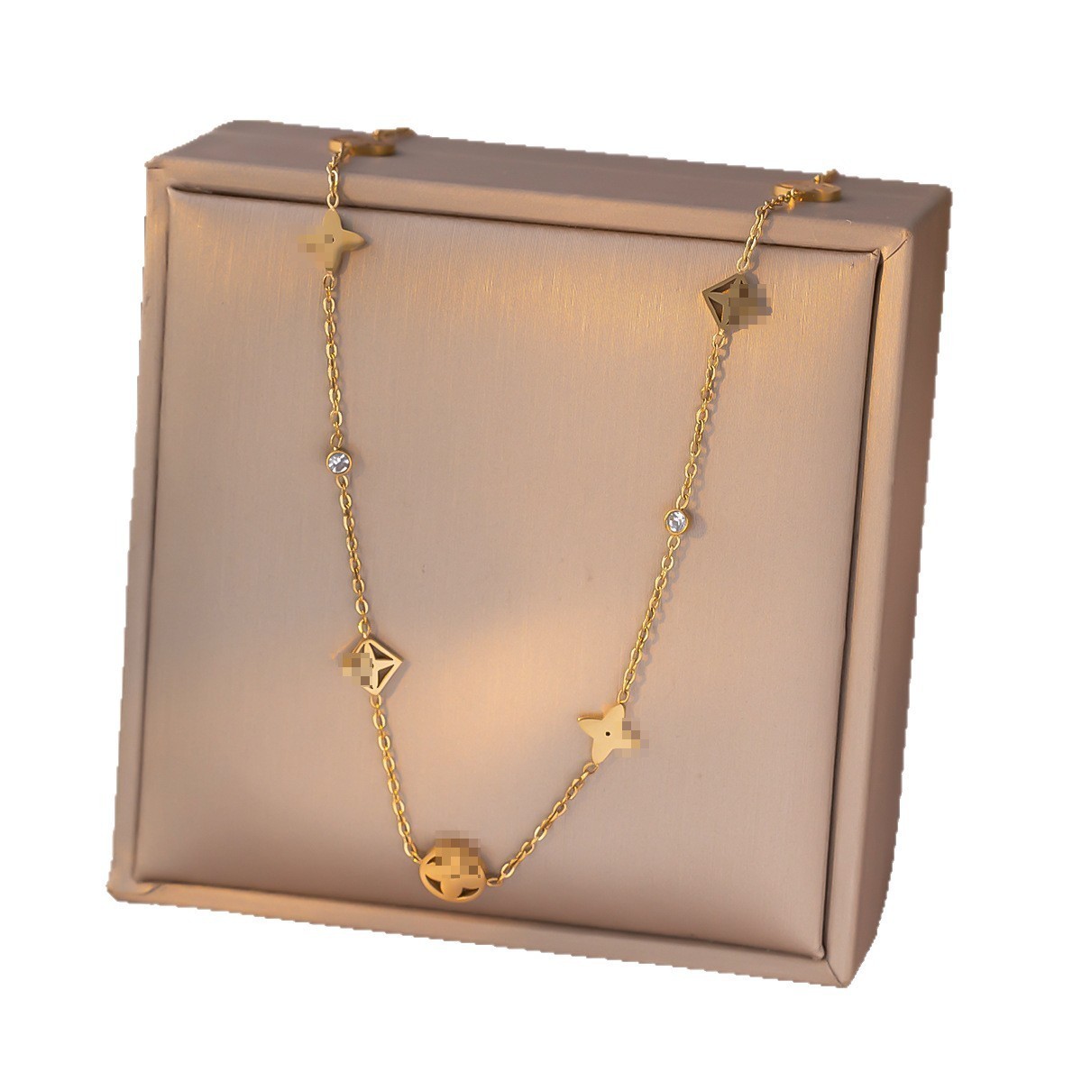 Women 14K Gold Plated Stainless Steel Flower Star CZ Station Necklace PE44