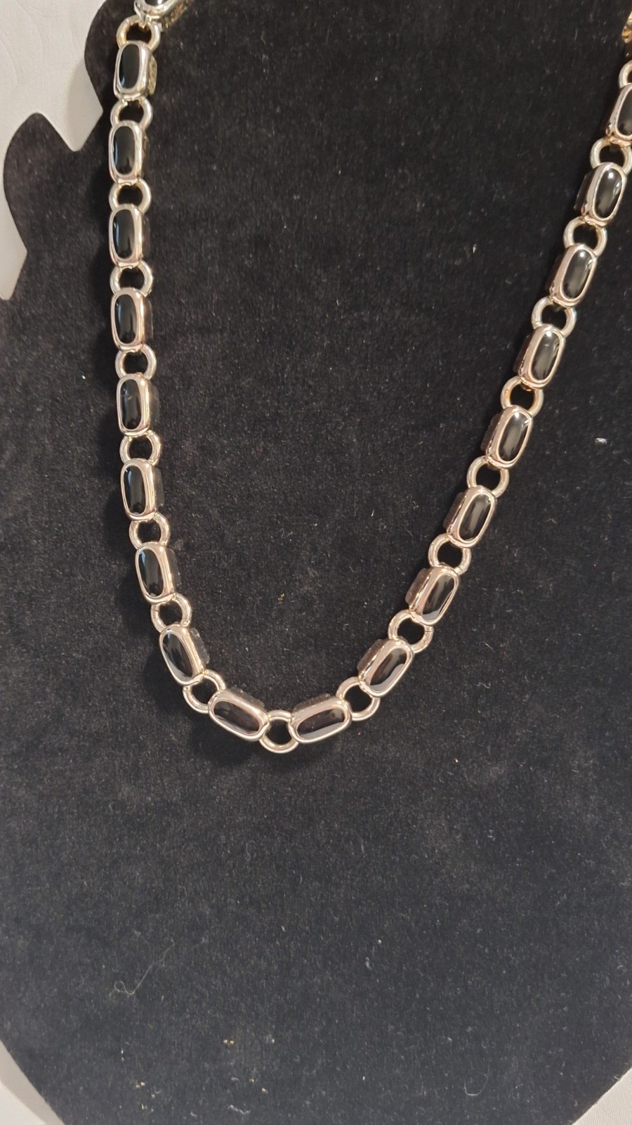 Silver Tone Oval Link Chain Necklace Black Accents Adjustable Lobster Clasp