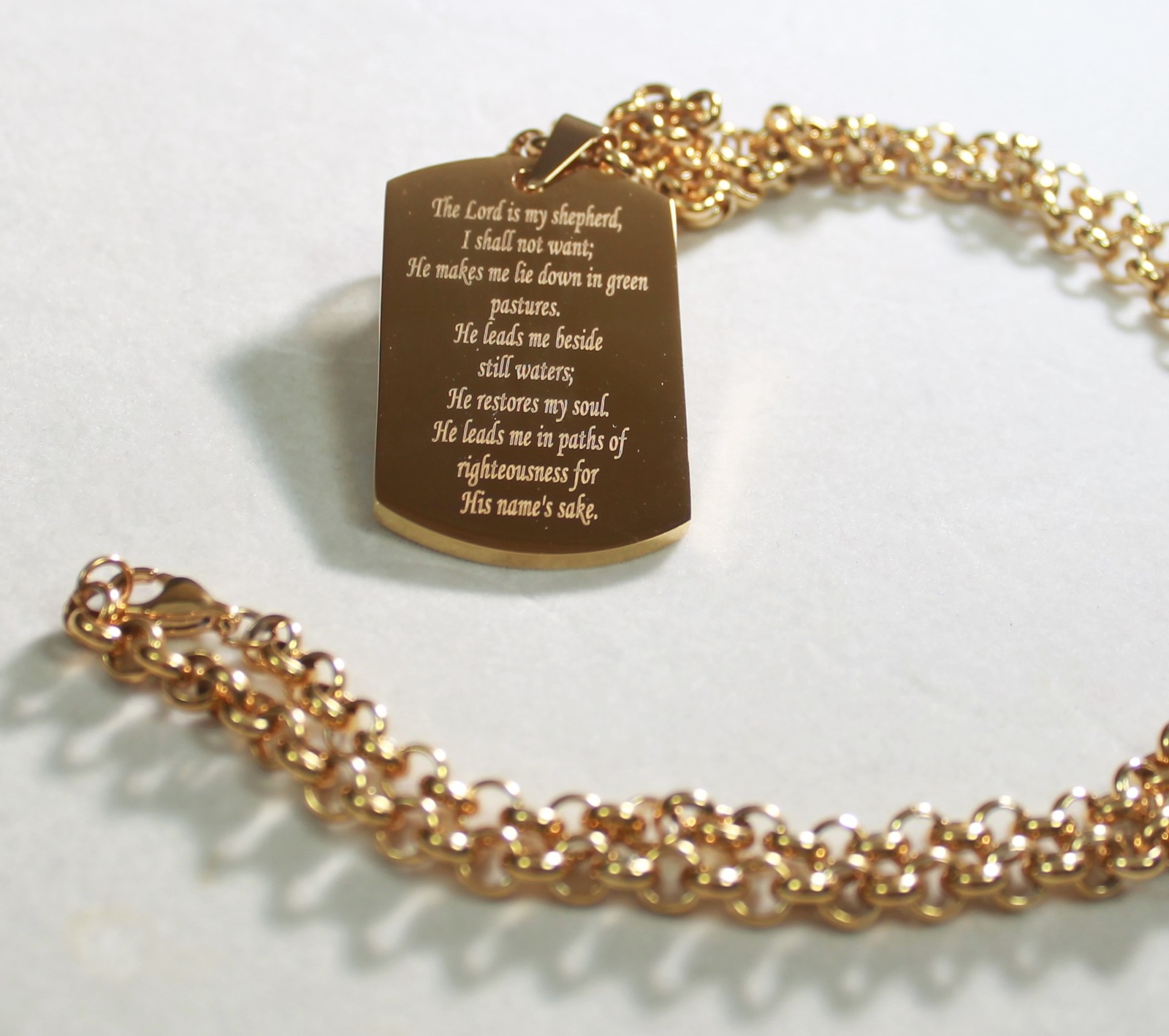PSALM 23 THICK IPG GOLD NECKLACE DOG TAG STAINLESS STEEL ROLO CHAIN