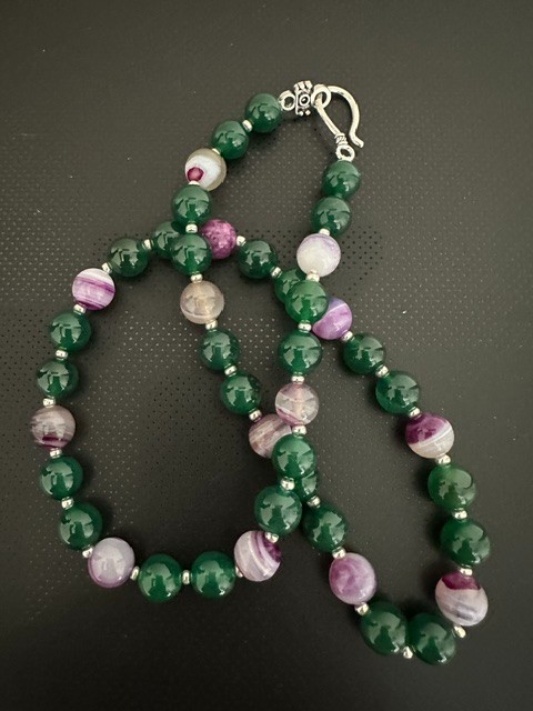Natural Green and Purple Striped Agate 10 mm Gemstone Round Beads 22 ” Necklace.