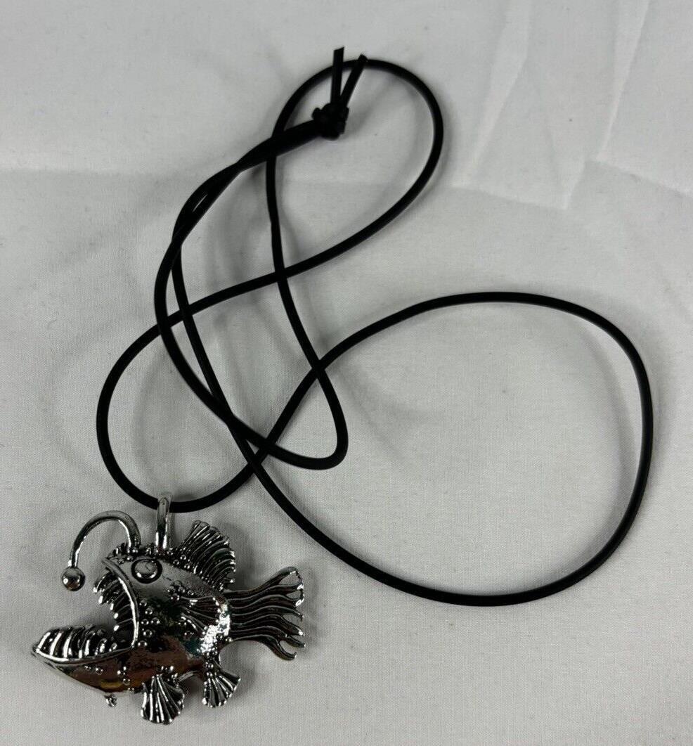 Angler Fish Tiki Necklace Silver Tone Metal Black Cord Surfer Beach Cute