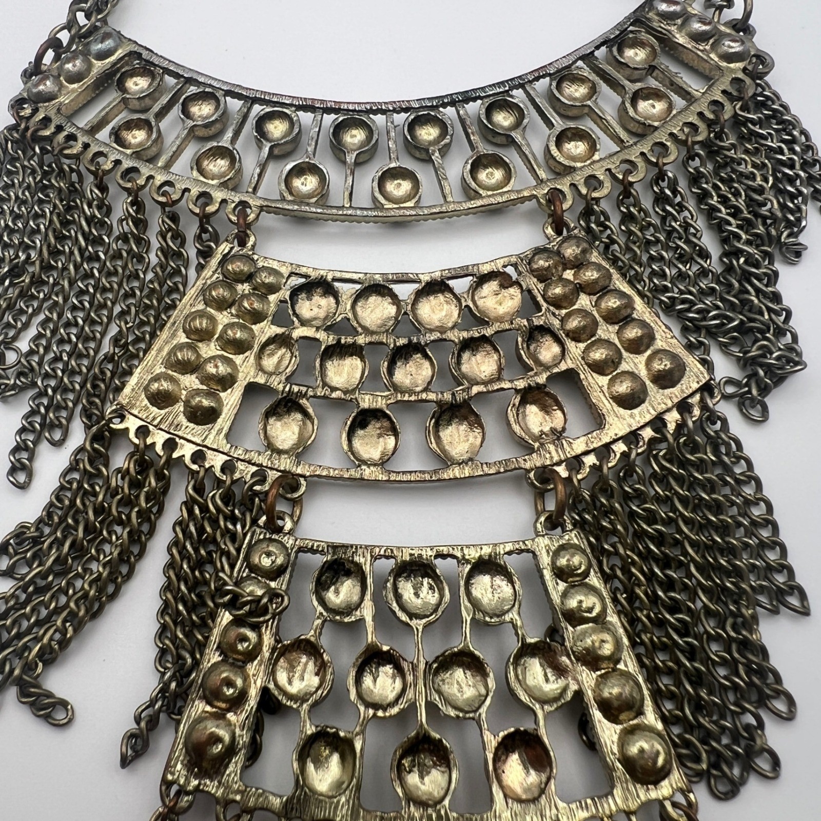Boho Antique Gold Tone Fringe Bib Statement Necklace Clear Rhinestone Festival