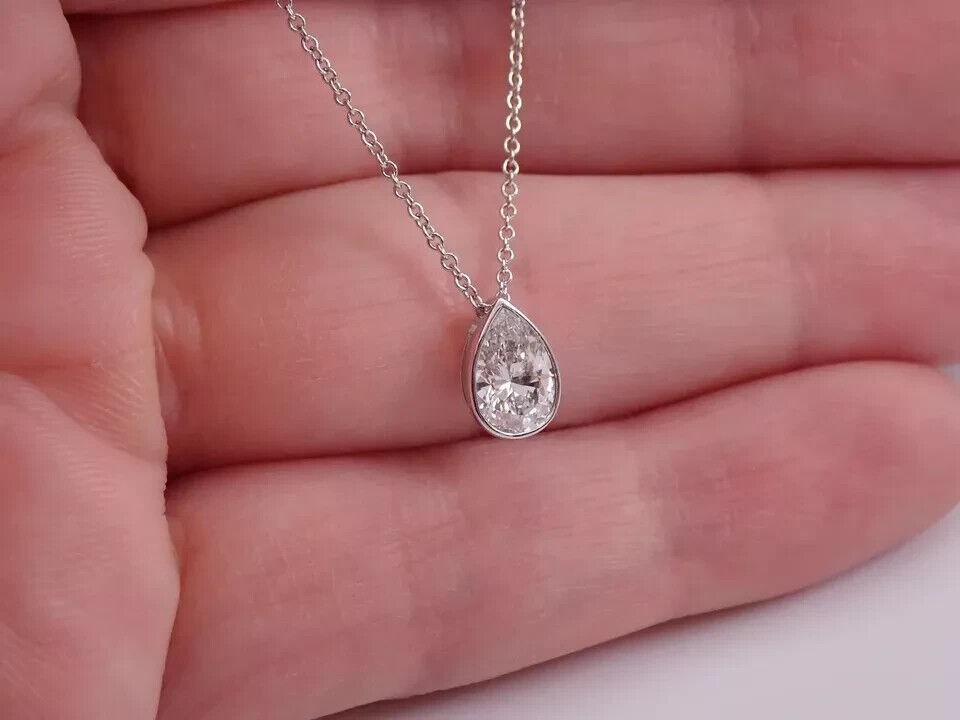 Womens Chain Pendant 1CT Pear Cut Simulated Diamond 14K White Gold Plated