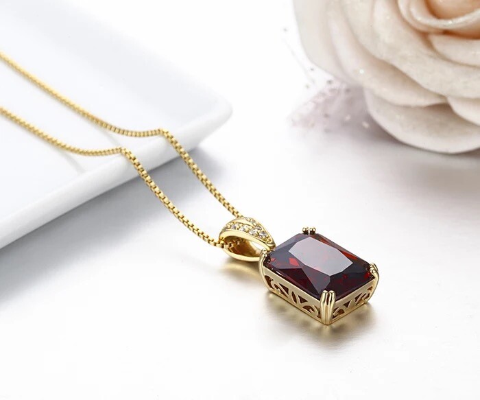 ZARD Emerald Cut Red Cubic Zirconia Pendant in 14K Gold Necklaces