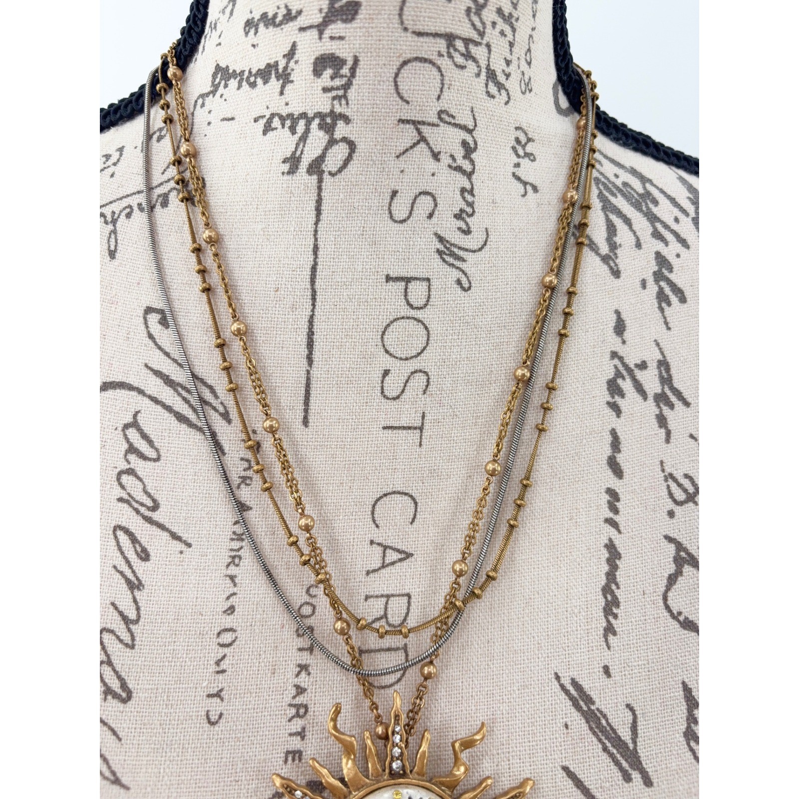 Chico’s Sunburst Pendant Necklace Two Tone Multi Strand Sun Moon Star Celestial