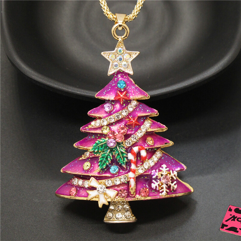 Fashion Women Cute Rose Enamel Christmas Tree Crystal Pendant Chain Necklace