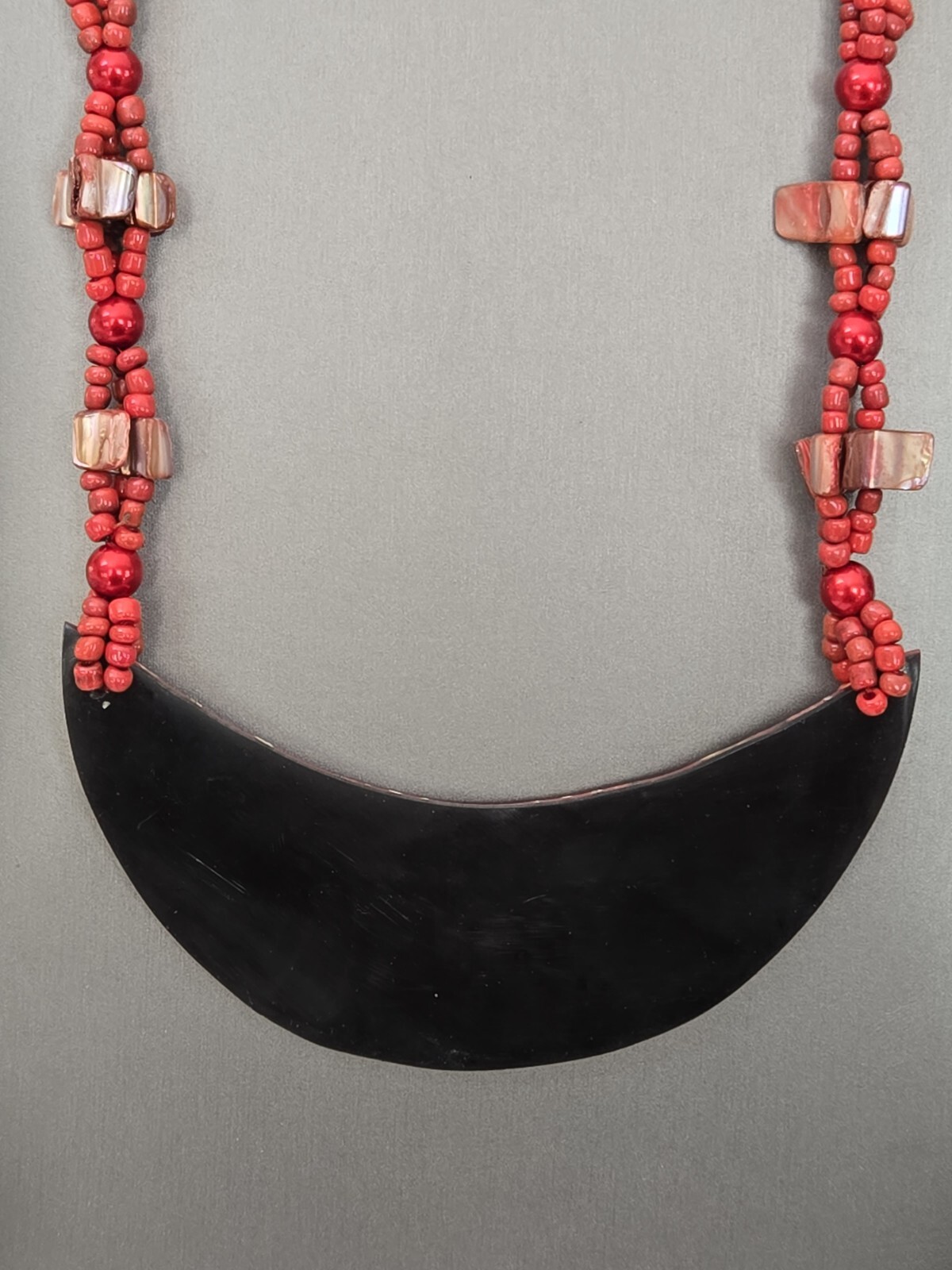 Red Beaded Moon Shell Multi Strand Necklace 22 Inches