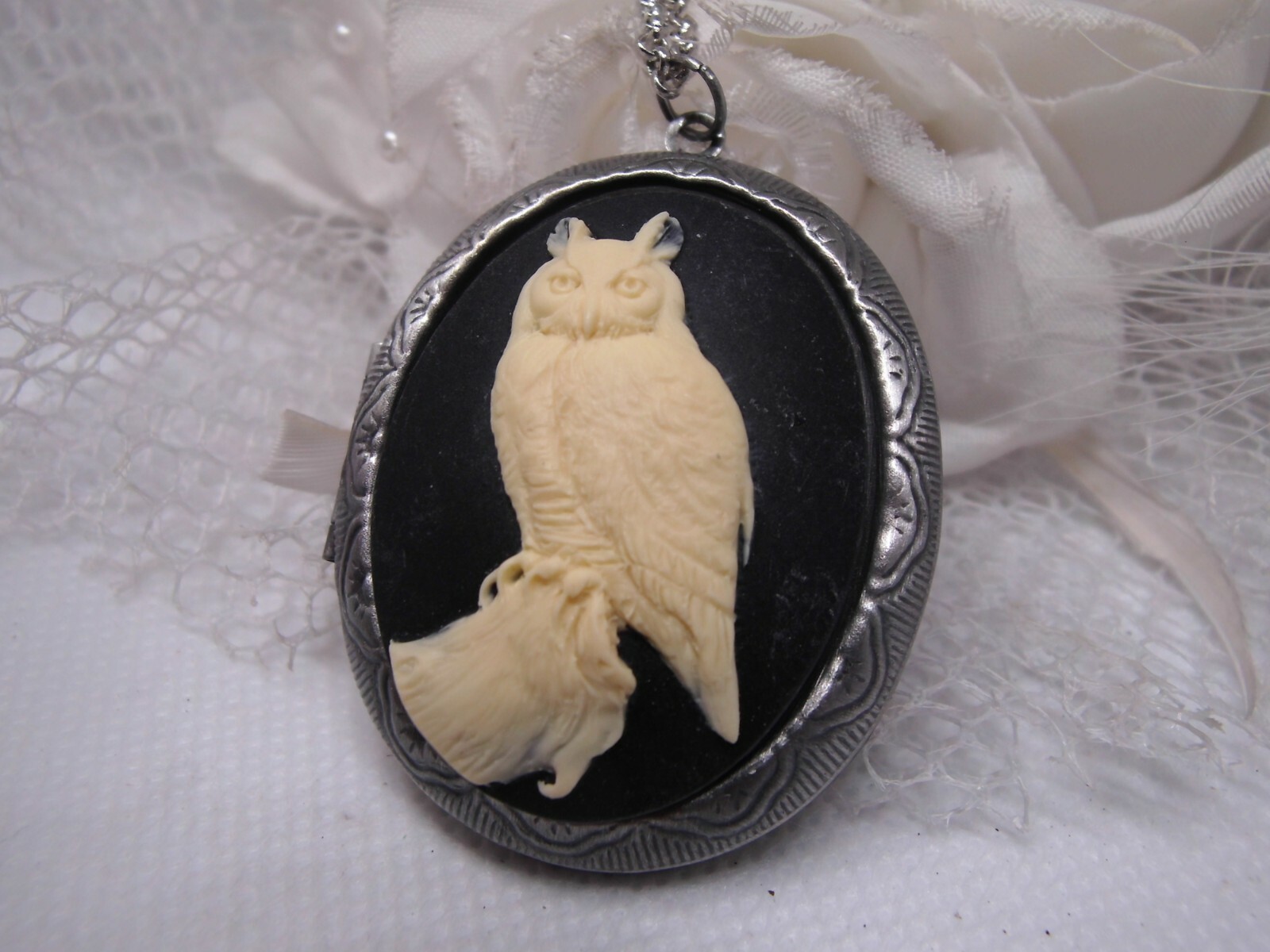 Horned Owl Barn Hoot Cameo PHOTO SILVER Necklace Locket PILL BOX Valentine’s Day