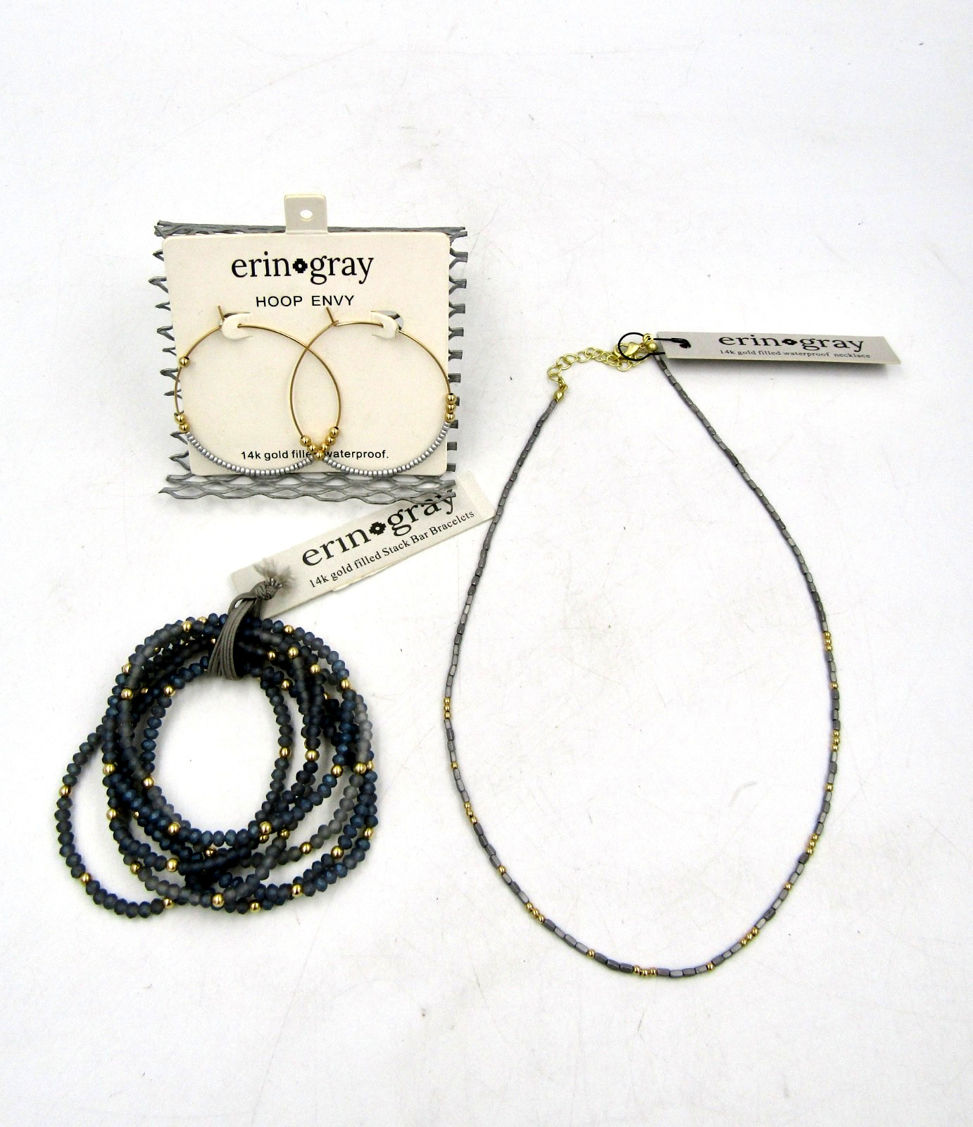Erin Gray 14K Gold Filled Set of Necklace and Bracelet and Hoop Earrings NEW