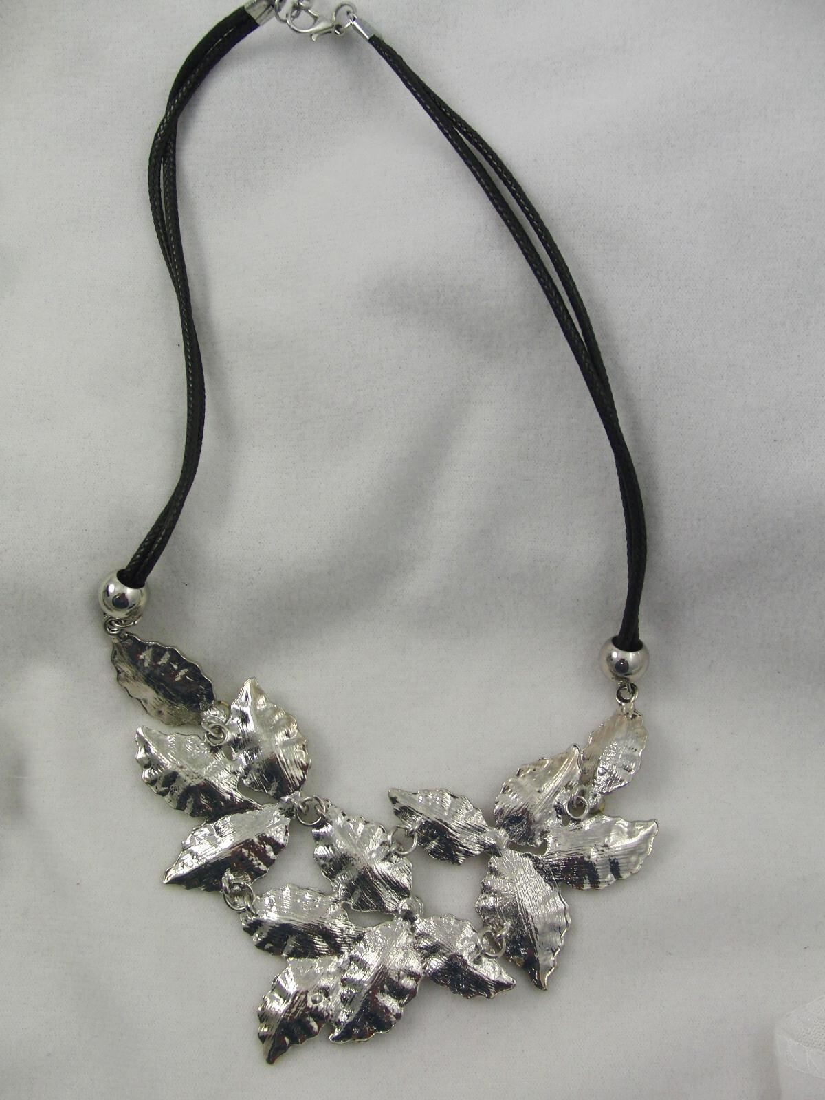 lot 2 necklaces silver leaves & flowers gray & clear rhinestones leather strip