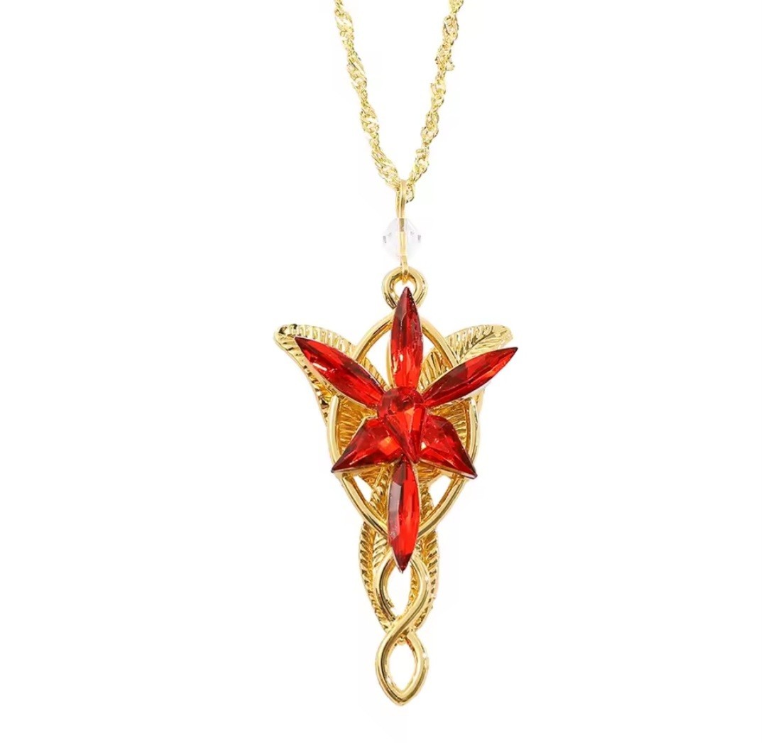 Red on Gold Arwen Evenstar Necklace Aragorn Elven LOTR Lord of Ring & Velvet Bag