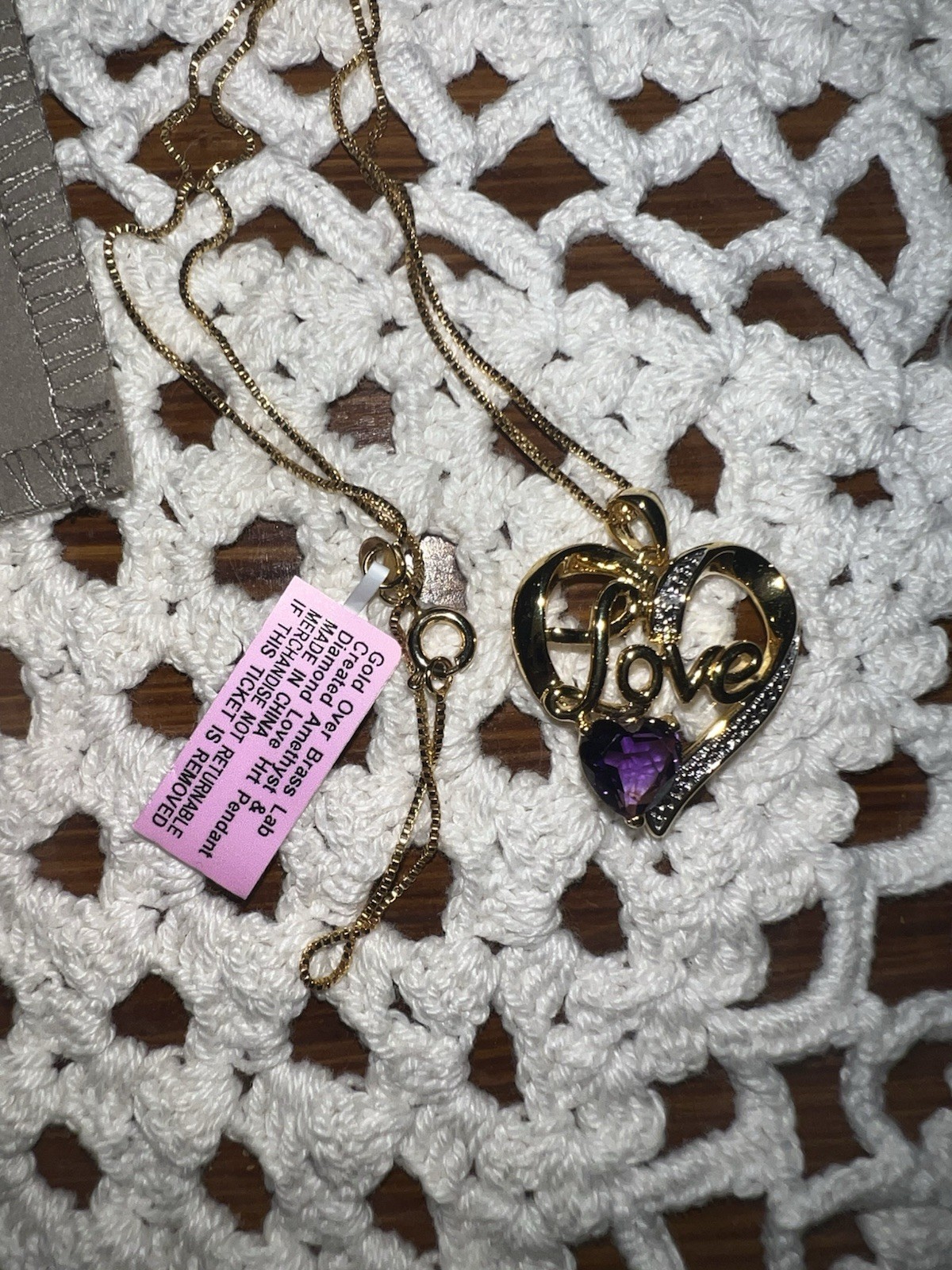 NIB LAB CREATED AMETHYST & DIAMOND LOVE GOLD OVER BRASS NECKLACE PENDANT