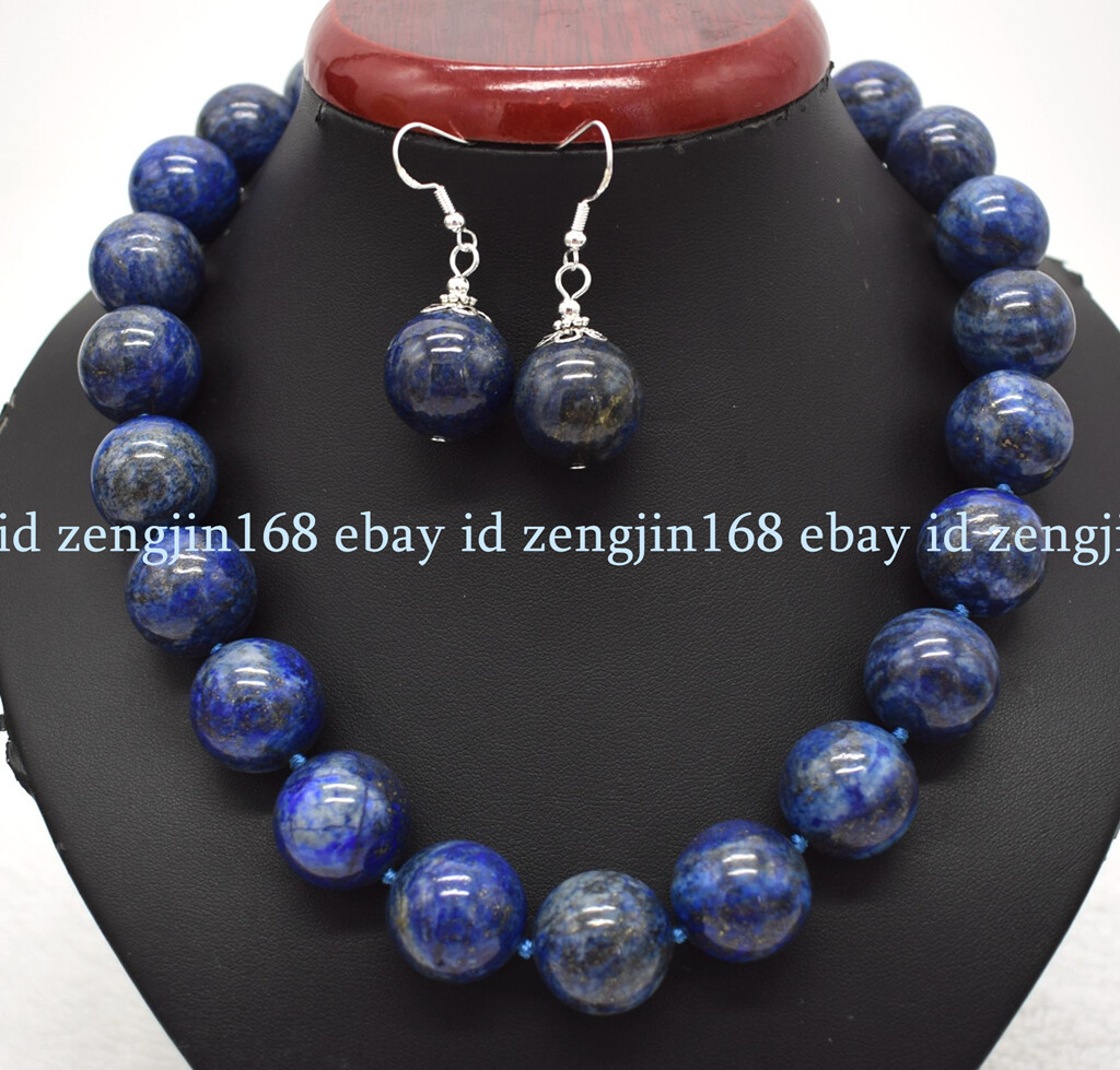 Huge 20mm Natural Blue Lapis Lazuli Gemstone Beads Necklace Earrings Set 18″ AAA