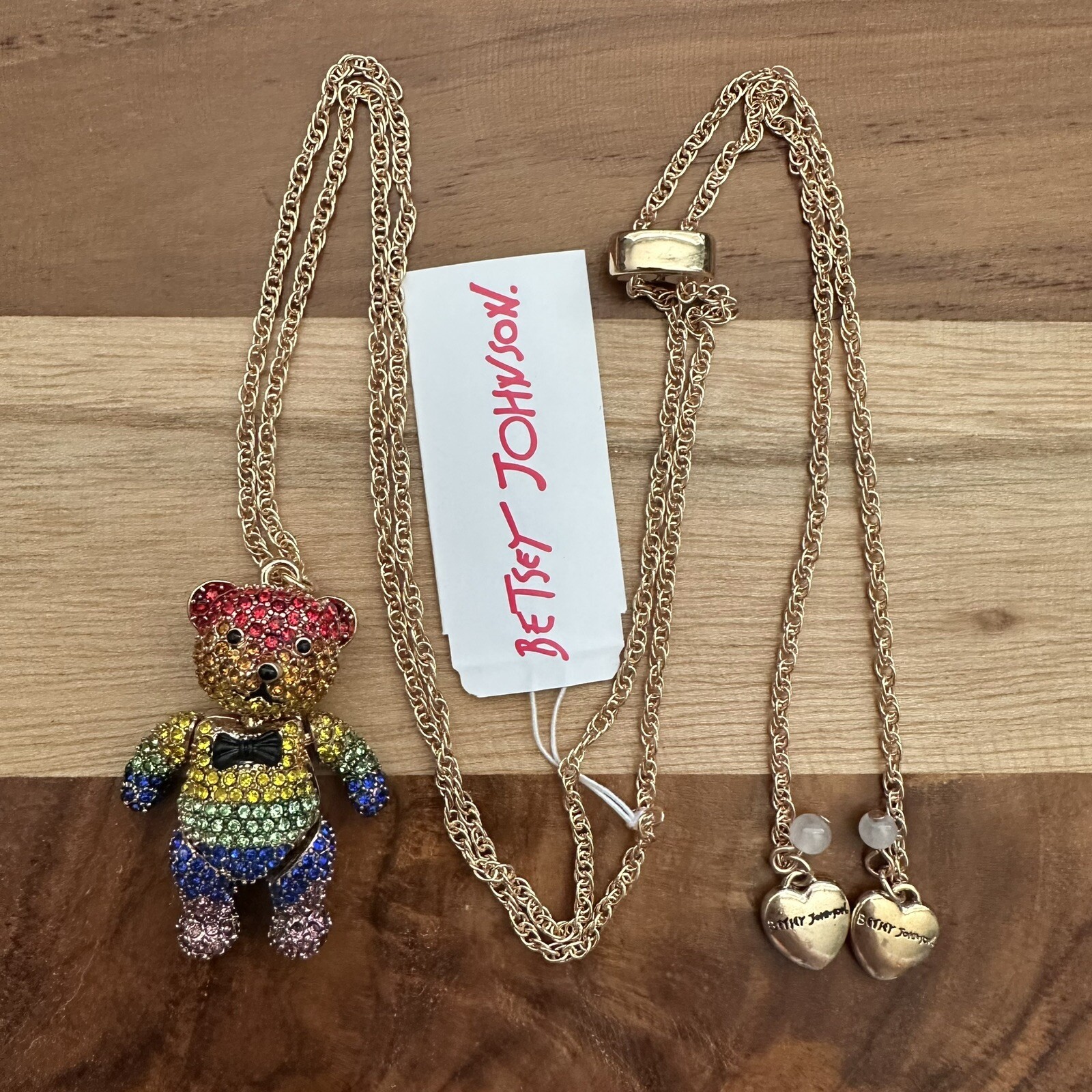 NEW Betsey Johnson Rainbow Crystal Jointed Teddy Bear Pendant Slider Necklace