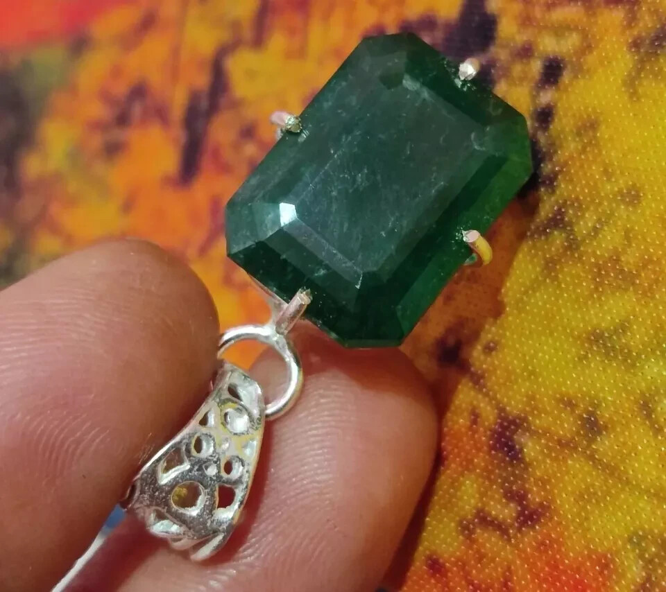 Certified Natural Emerald 925 Solid Silver Emerald Cut Pendant Gemstone 35.30 Ct