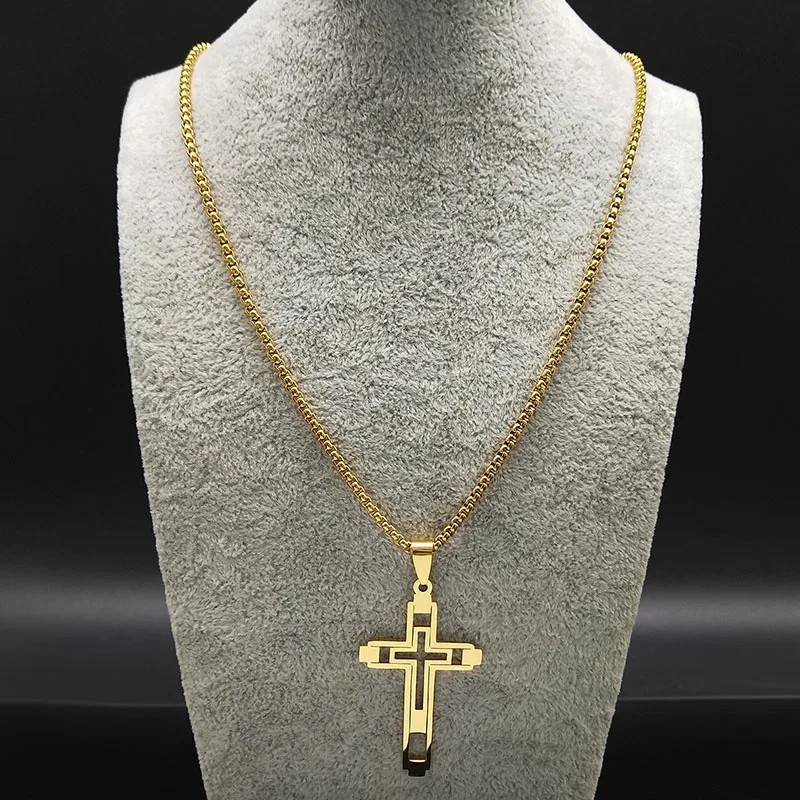 60cm Gold Stainless Steel Cross Necklace for Men Mens Chain Pendant Jewelry Gift