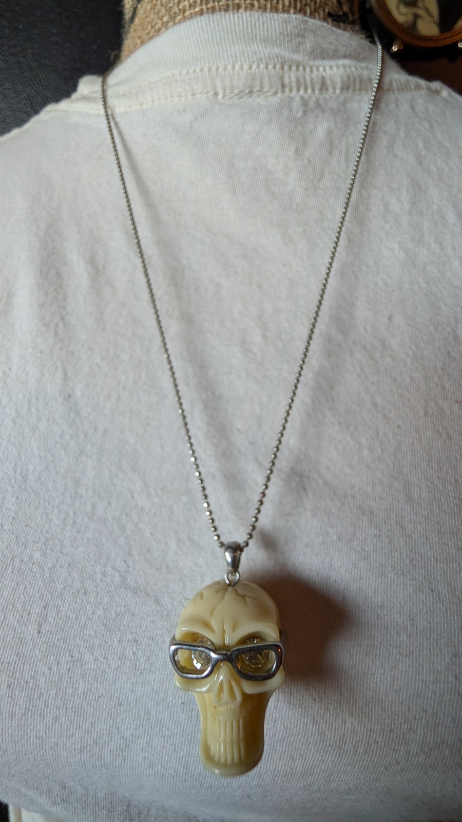 GothicIvory Skull Charm Pendant Necklace, Silvertone W/Rhinestone Eyes & Glasses