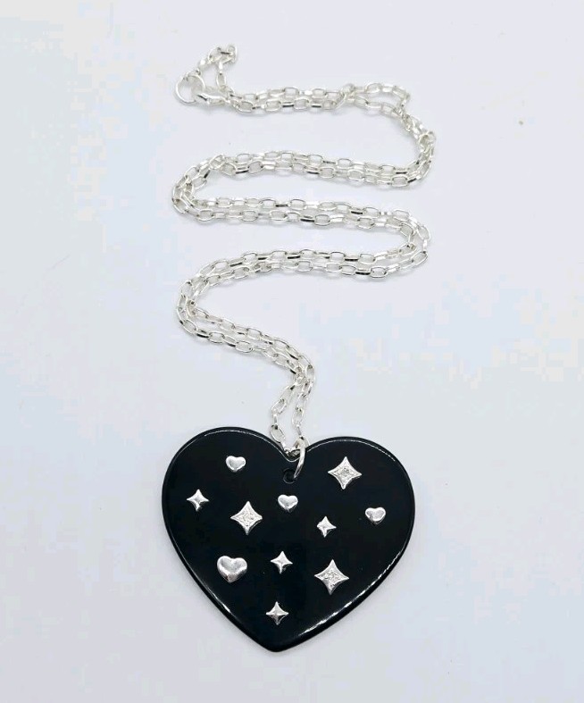 HEART Pendant Necklace Black & Silver tone Crystal Accent Modern 30 in