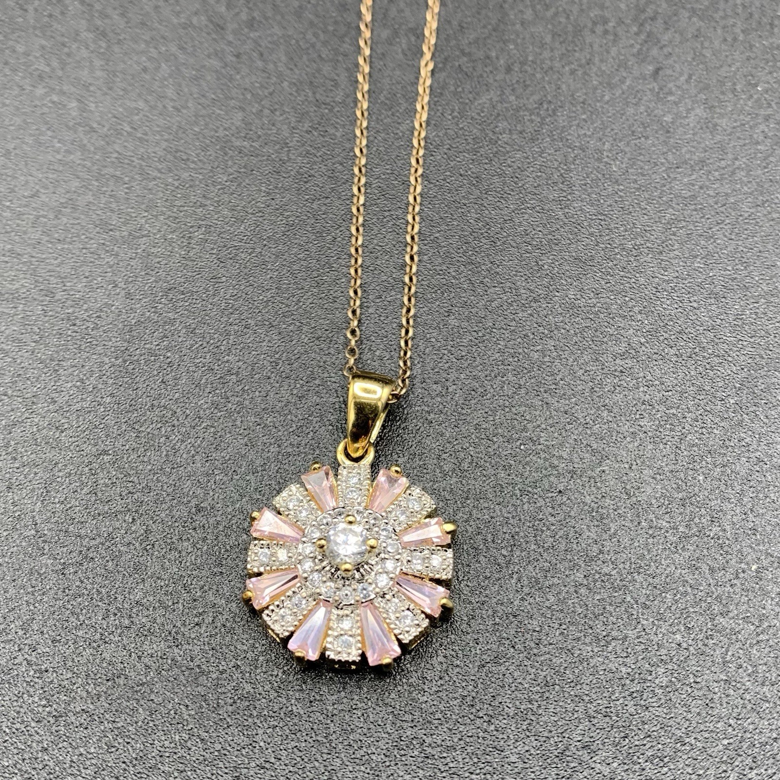 White And Pink Cubic Zirconia Round Flower Pendant Necklace Gold Over 925 Silver