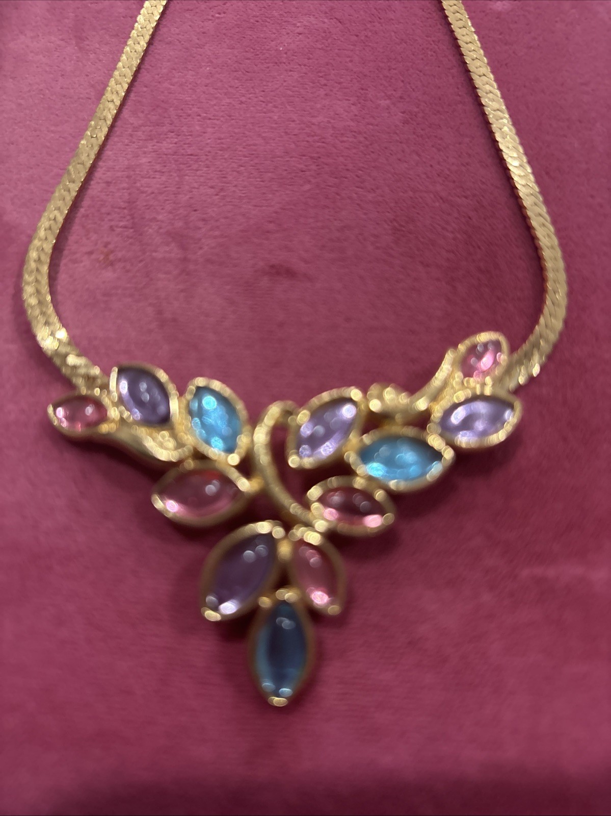 V Elegant Multi Color Stone Pendant With Gold Tone 16 Inch Chain Necklace, Fas J