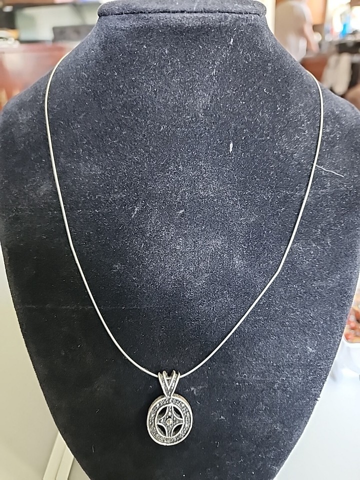 Artisan Boho Necklace Silver Tone Pendant W/ Rhinestones On Thin Metal Cord