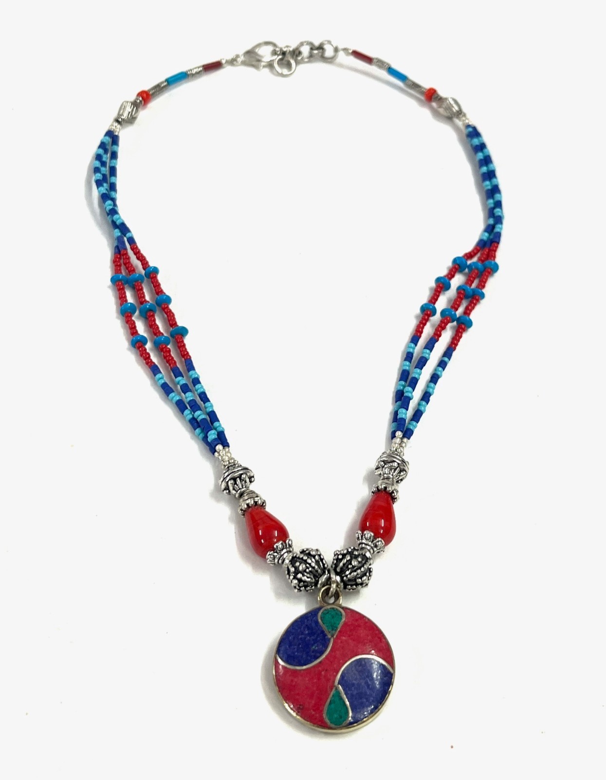 Ethnic Coral Lapis Gemstone Tibetan Art Deco Necklace Jewelry, 17 inch Adjus