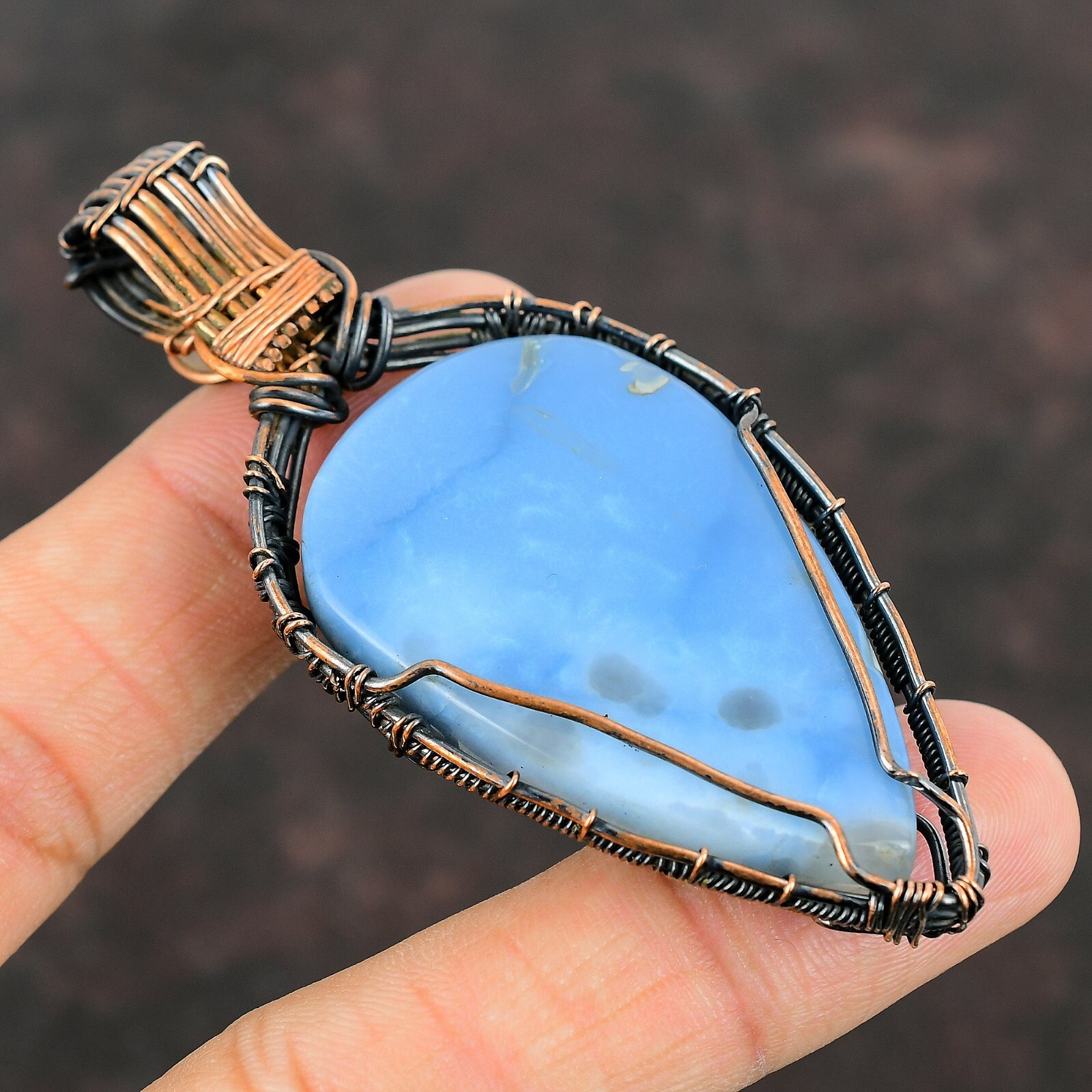 Natural Owyhee Blue Opal Gemstone Pendant Wire Wrapped Unknown Copper Jewelry