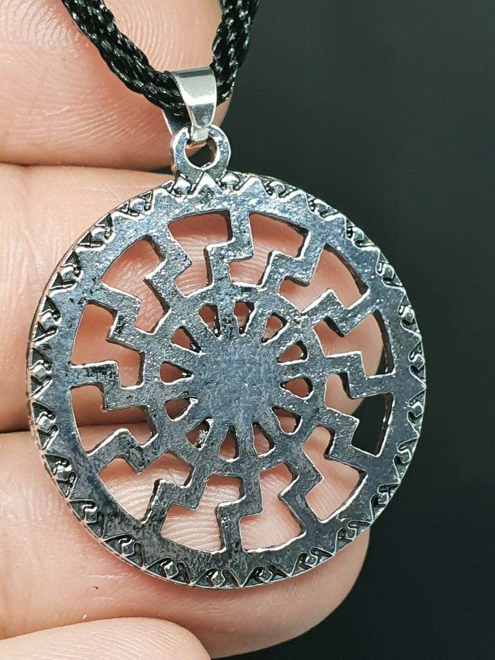 Black Sun Wheel Necklace Slavic Esoteric Occultism Protection Pendant 20″ Cord
