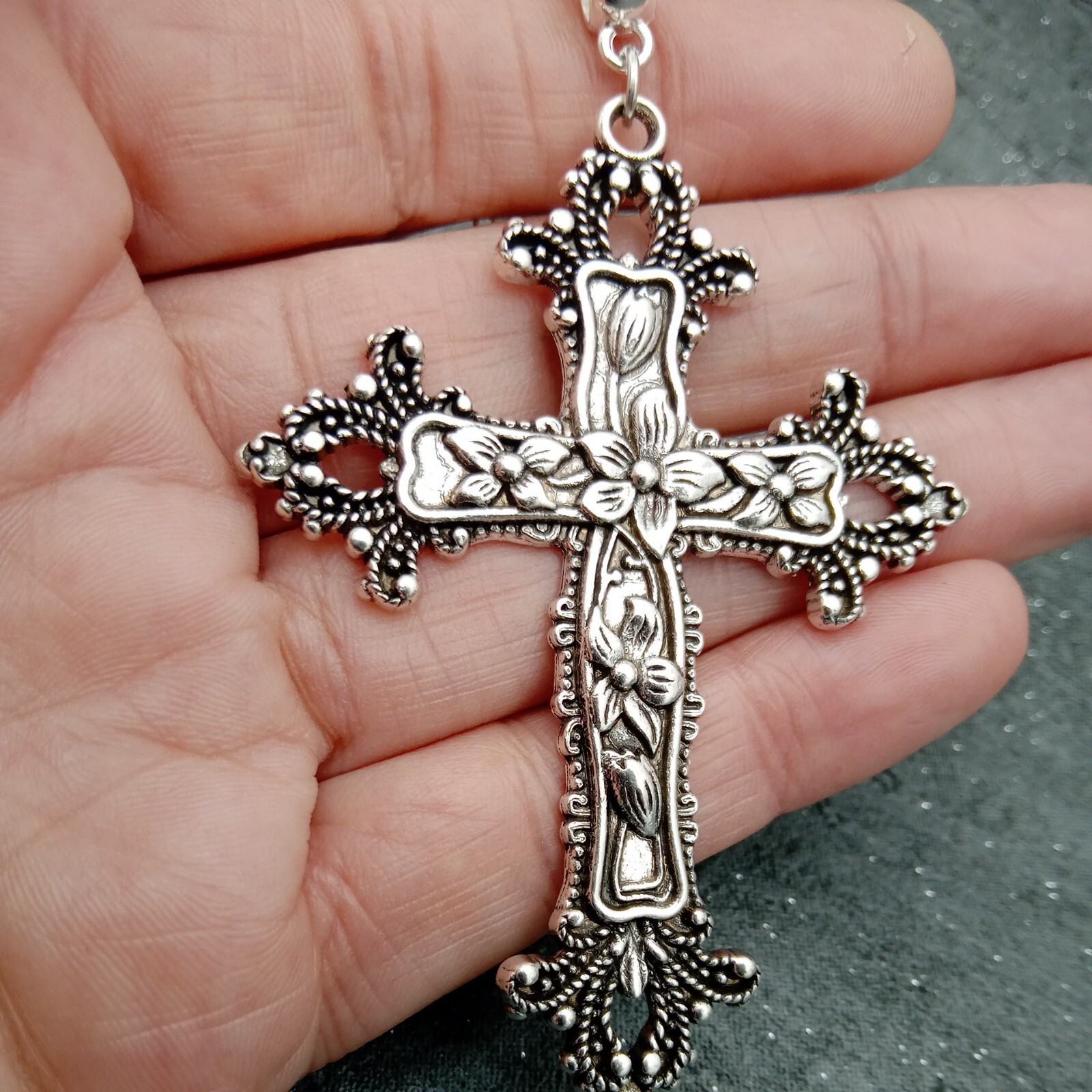 Huge Very Long ornate CROSS Necklace 90cm/36″ chain Large Big Religious Rock