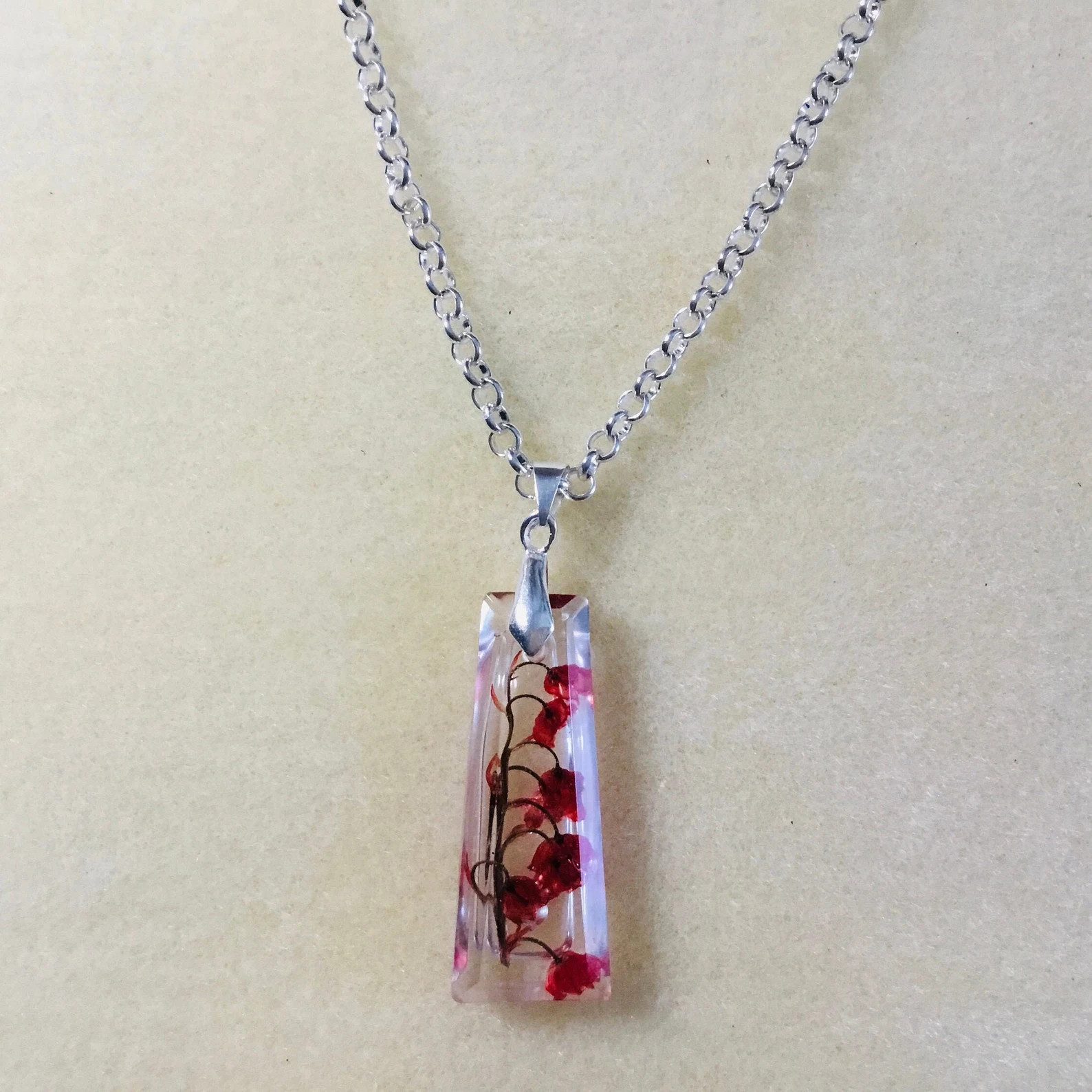 Lilies of the Valley Pendant Necklace, Red Floral Resin Jewelry, Real Flowers