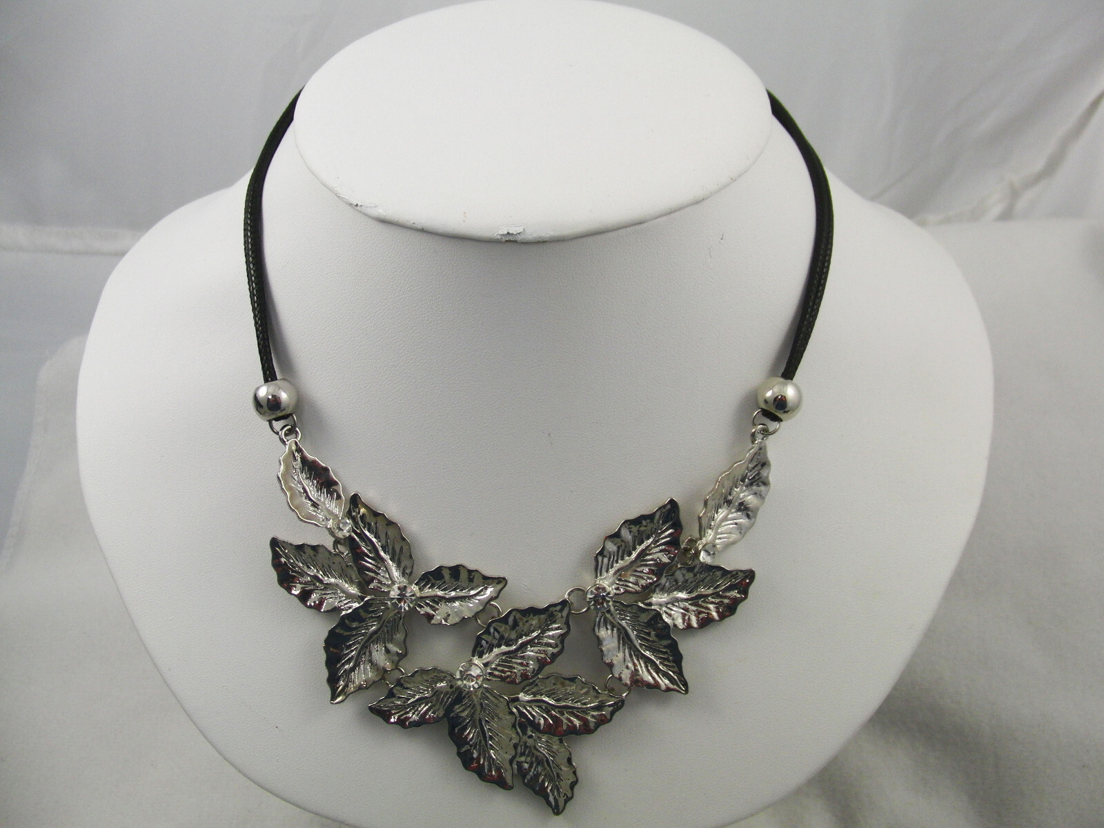 lot 2 necklaces silver leaves & flowers gray & clear rhinestones leather strip