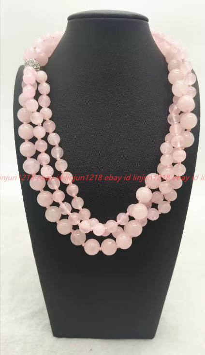 Pretty 3 Rows Natural 8+10mm Pink Jade Gemstone Round Beads Necklace 18in