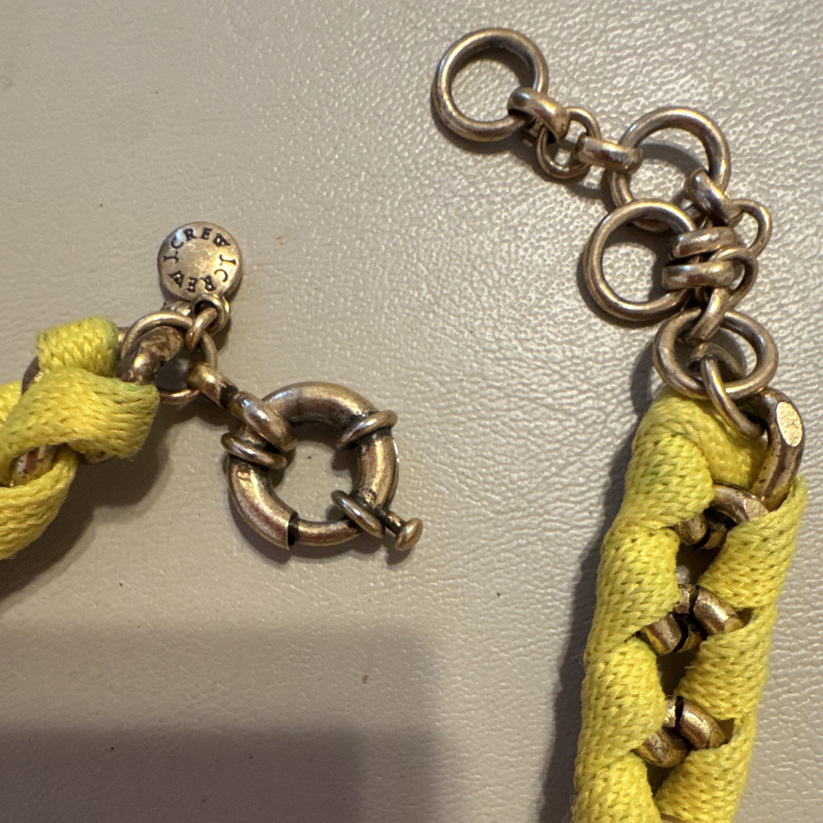 J.CREW 2009 Yellow/antique gold Fabric Chain Statement Necklace Rhinestone Charm