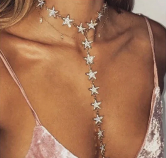 Rhinestone Crystal Star Necklace Lariat Choker Long Twinkle Charms Sparkle Drops