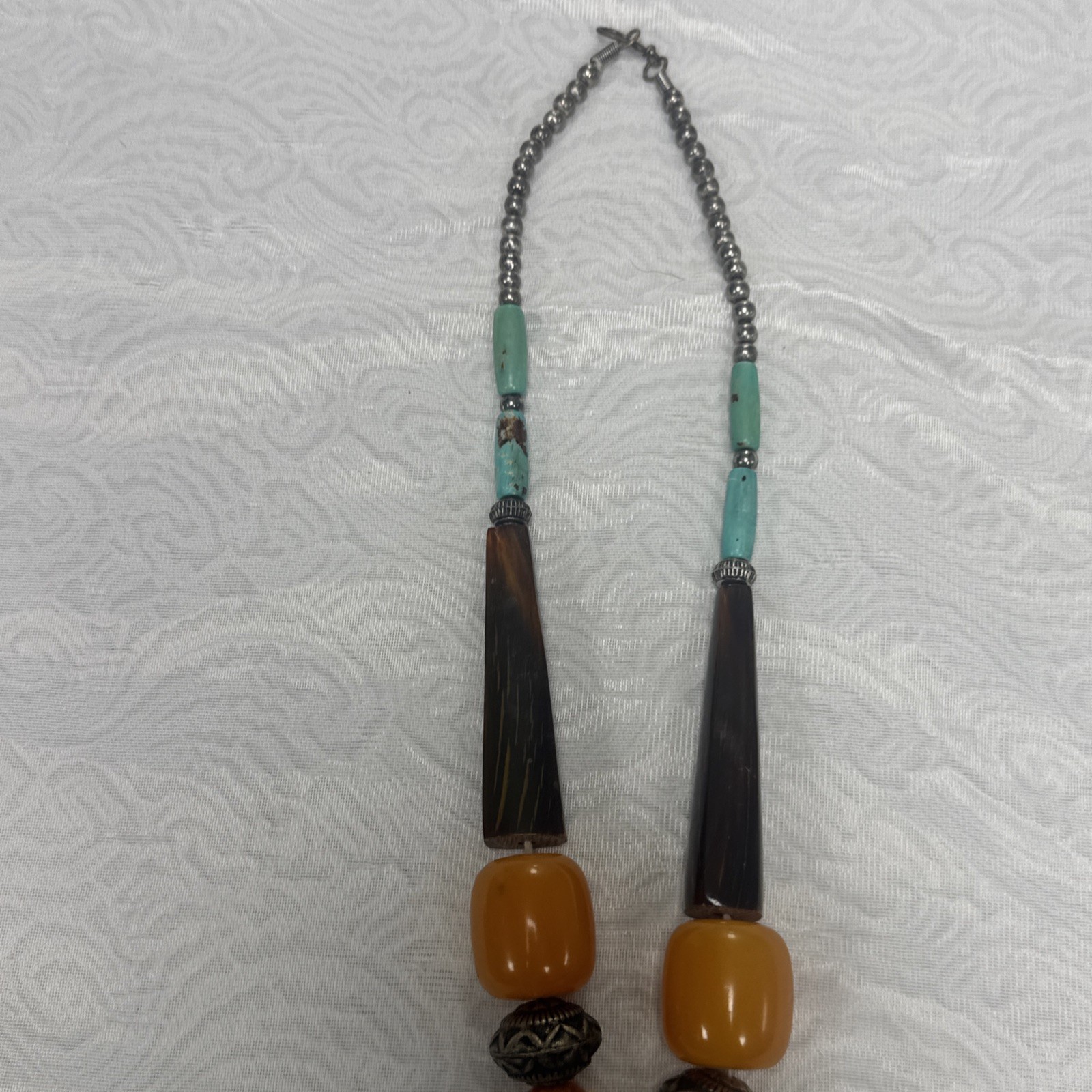 Vintage Bohemian Multi Color Necklace Tibetan Resin Amber with Turquoise Pendant