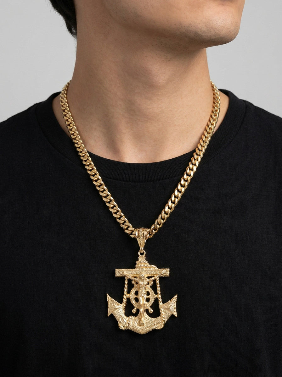 Large Gold Anchor Jesus Necklace 10mm Cuban Chain 14K Heavy Plated Gold