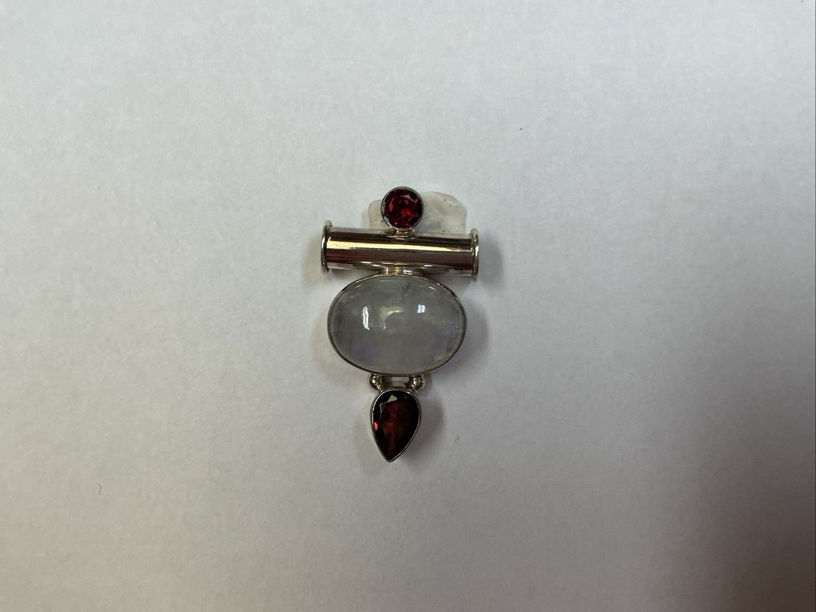 925 Sterling Silver Bar Pendant w/ Natural Gray Oval Moonstone & Garnet 6.88 G