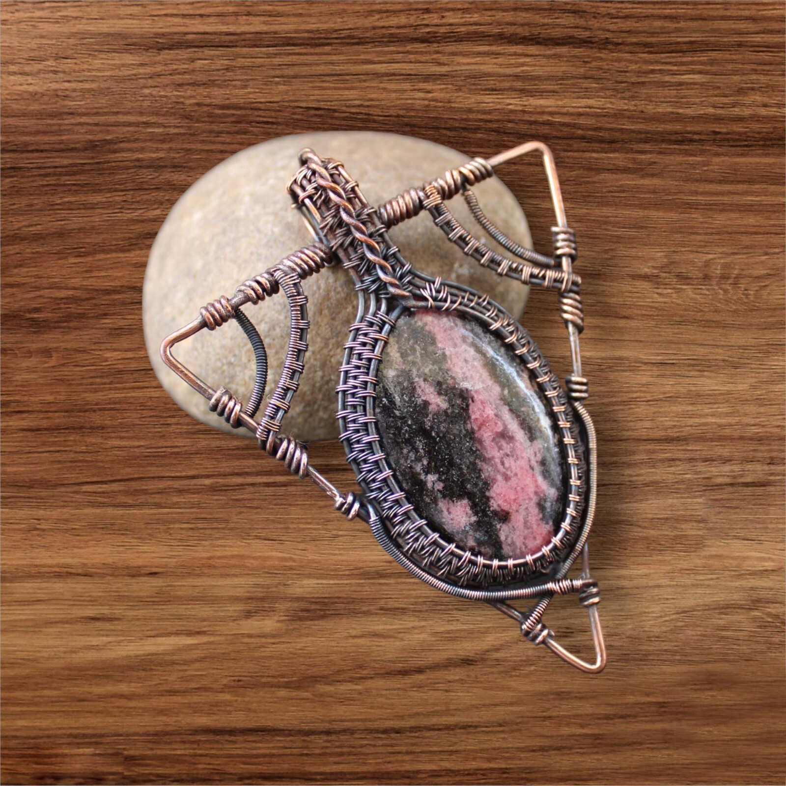 Rhodonite Pendant Copper Wire Wrapped Pendant Gemstone Wire Wrapped Jewelry