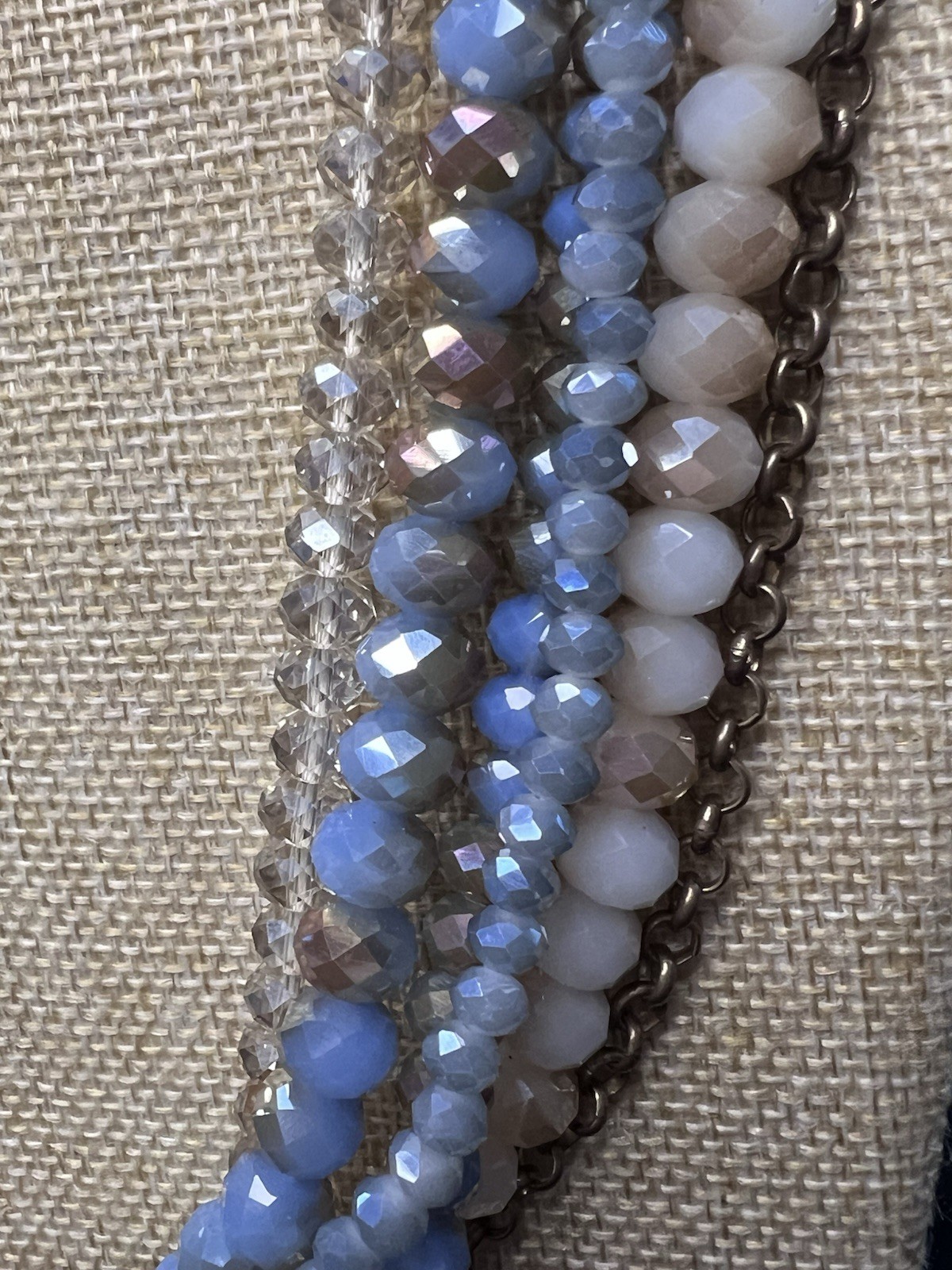 Layered Faceted Glass Crystal Bead Statement Necklace Blue White Taupe 19-22”