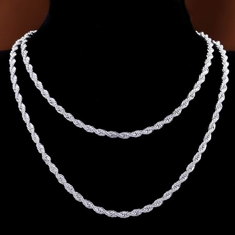 925 Silver Plated Water Wave Jewelry Chain Necklace 3mm 4mm Unisex 16-22″ US