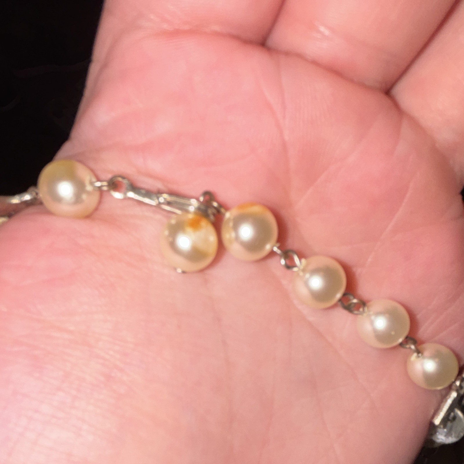 Cream Genuine Pearl & Clear Glass Beaded Necklace Silver-Tone Toggle Cable Chain