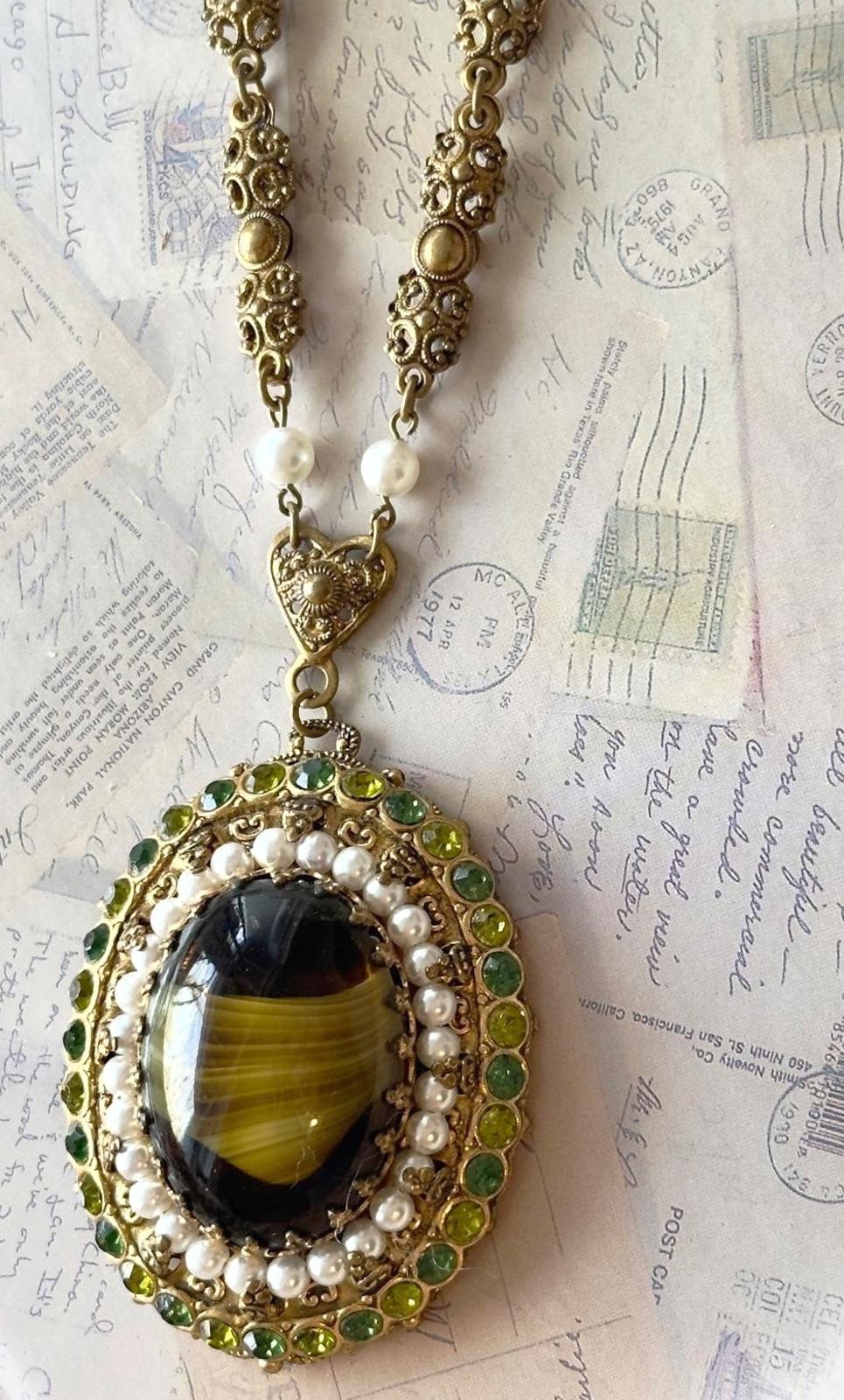 Vintage West Germany Victorian Revival Brass Filigree Striped Art Glass Cabochon