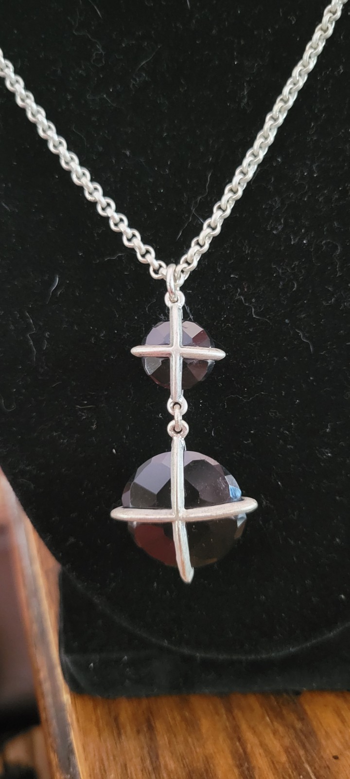 Silver Tone Pendant Necklace w/ Black Crystal Bead Lobster Clasp Bastian Brother