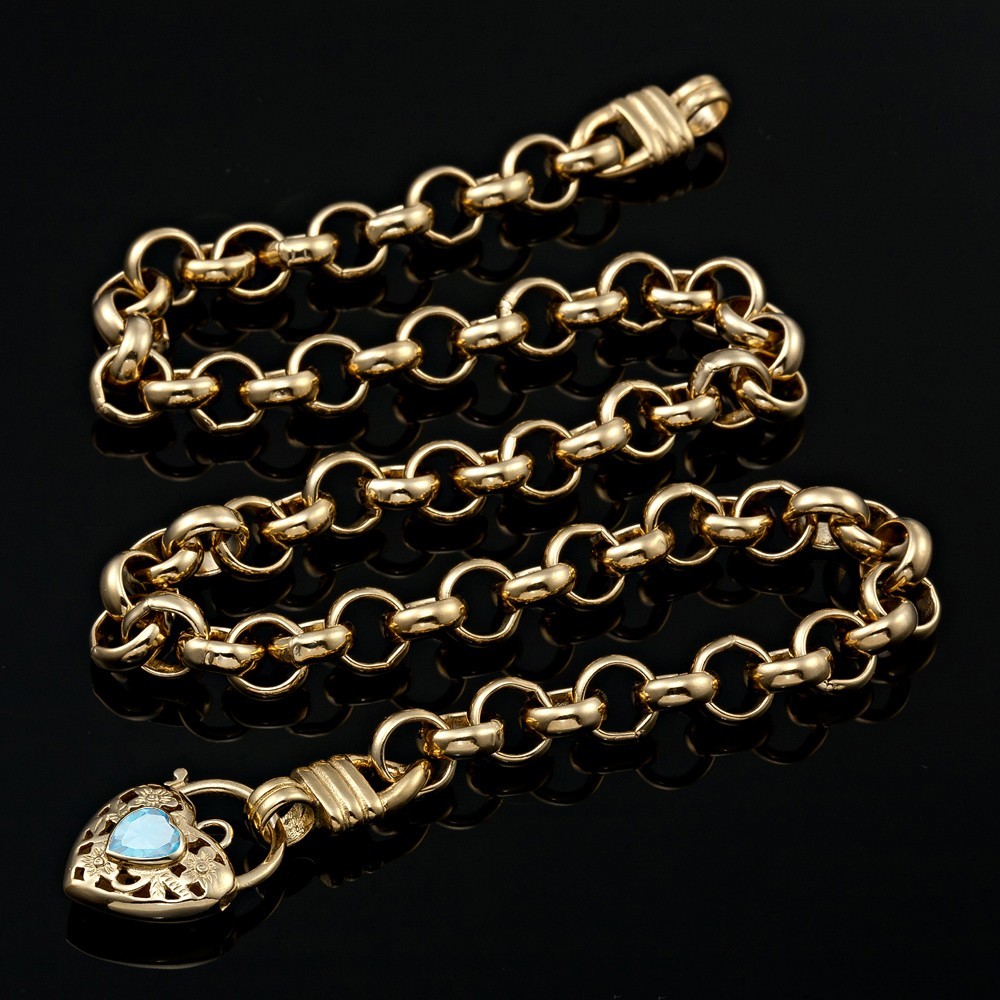 18K GL Thick Solid Rolo Yellow Gold Necklace Filigree Heart Padlock Topaz Blue