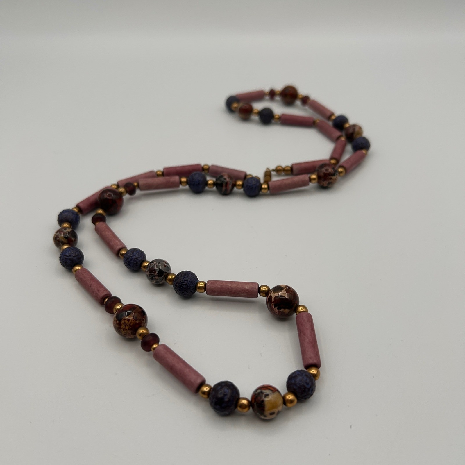Boho Beaded Necklace Mauve Jasper Lava Rock Gold Tone Barrel Clasp 28″