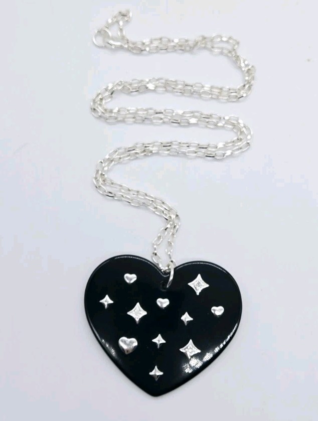 HEART Pendant Necklace Black & Silver tone Crystal Accent Modern 30 in